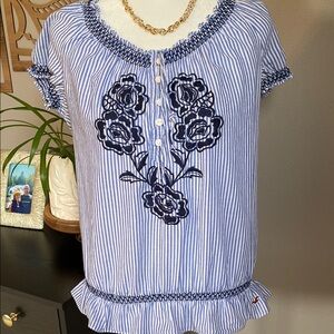 Hollister Blue and White Flutter Sleeve Peplum Blouse Size Large